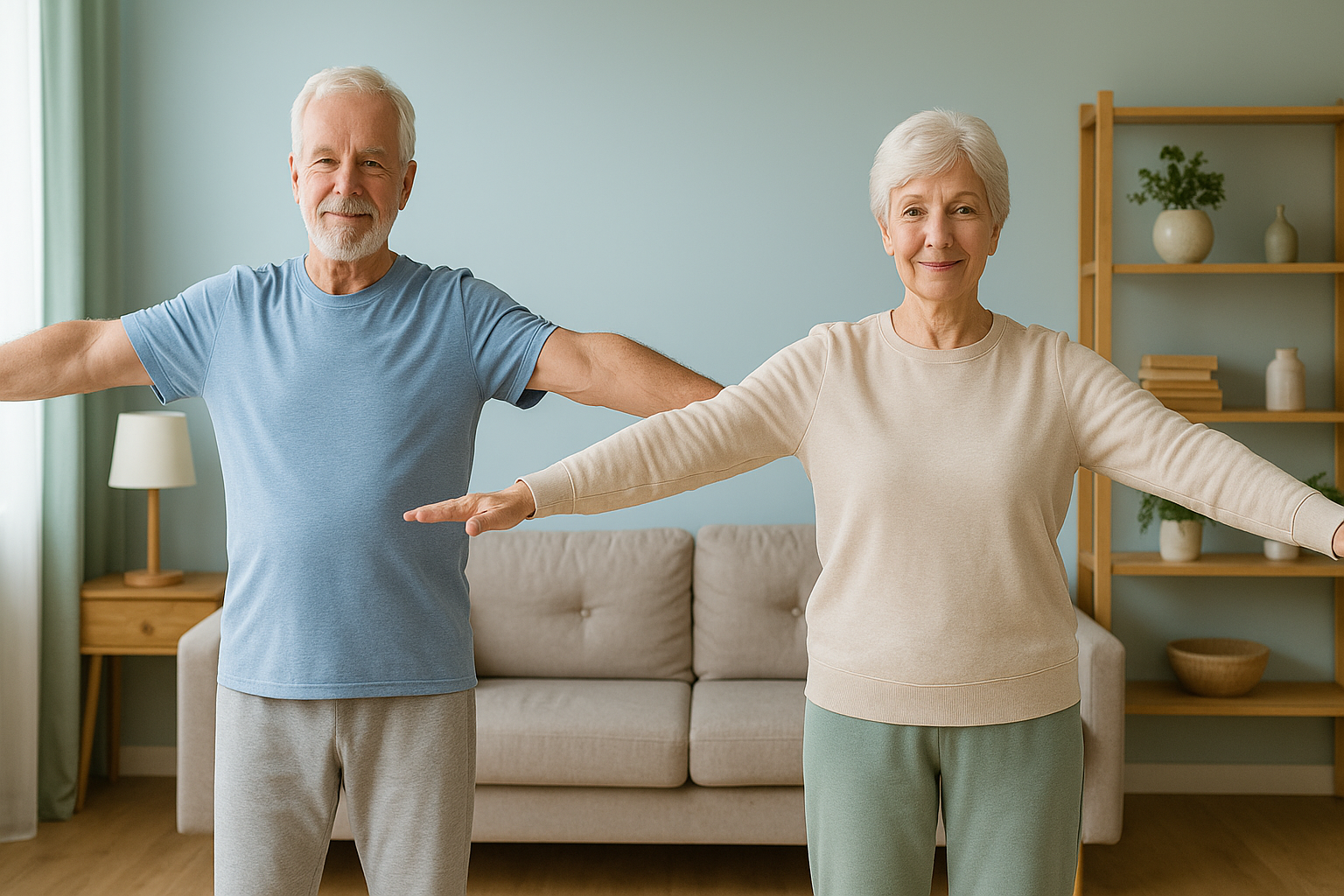 Пожилая пара выполняет лёгкую зарядку дома
